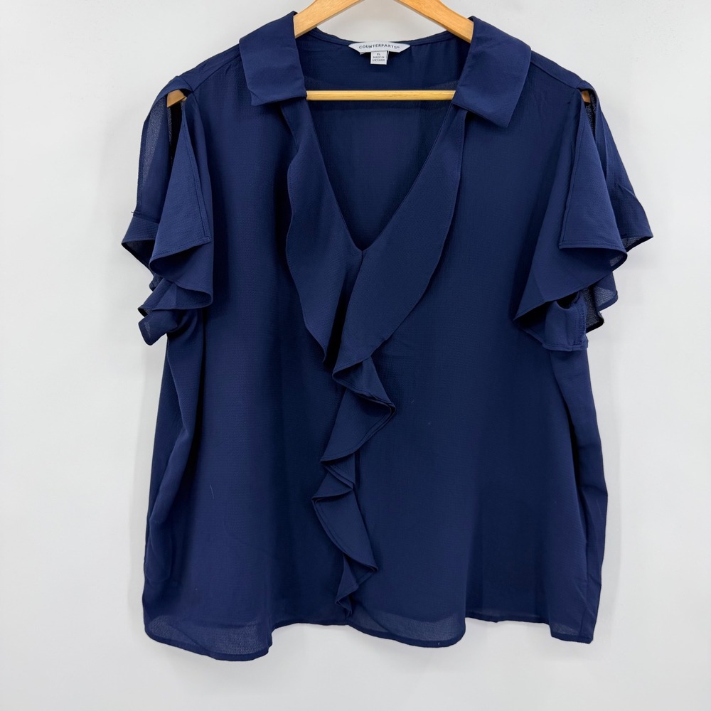 Counterparts Womens Navy Blue Ruffle V-Neck Cold Shoulder Flowy Blouse XL